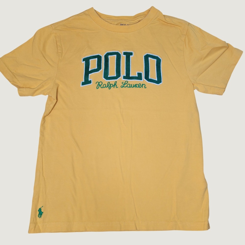 Polo Ralph Lauren Boys Yellow Chenille Logo T-Shirt Size 8 S Short Sleeve Tee